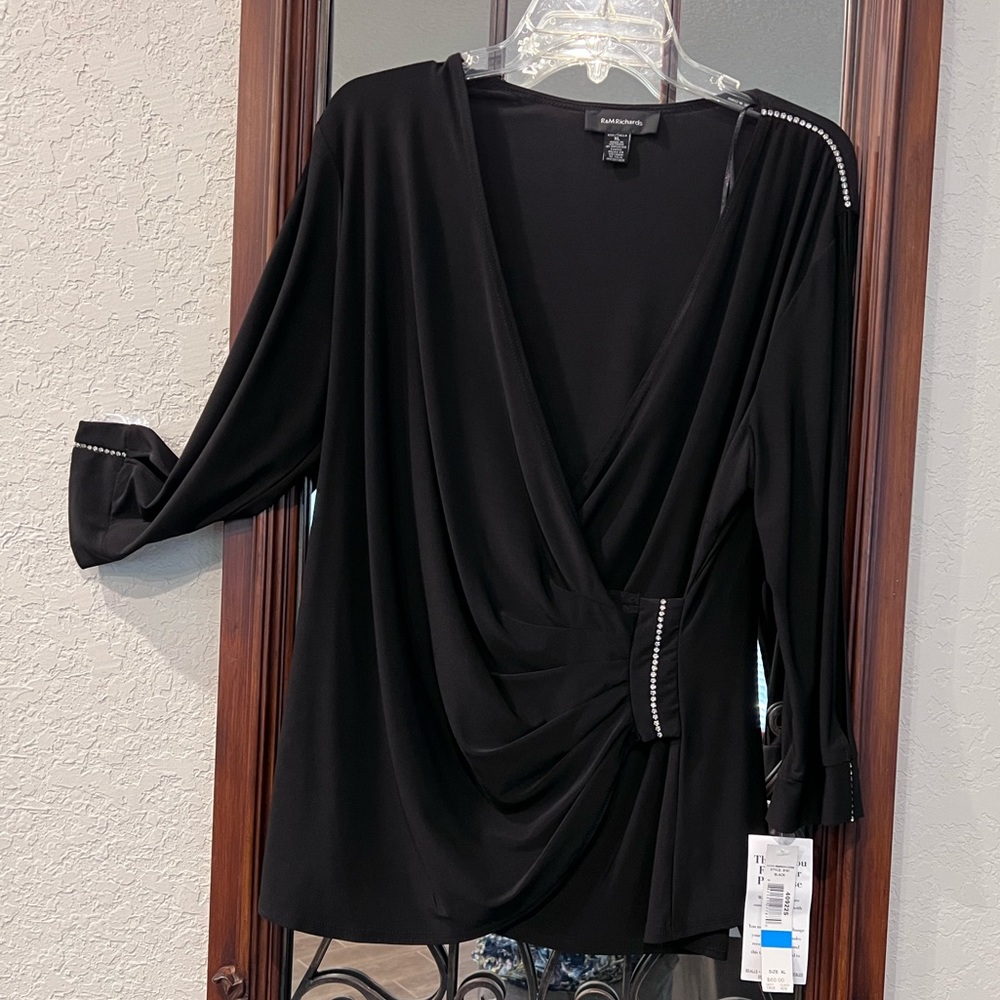 NWT - R & M Richards black v-neck rhinestone elegant top